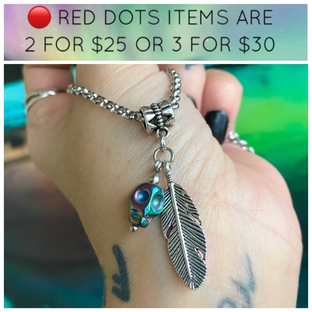 🔴Stainless steel chain rainbow skull & leaf